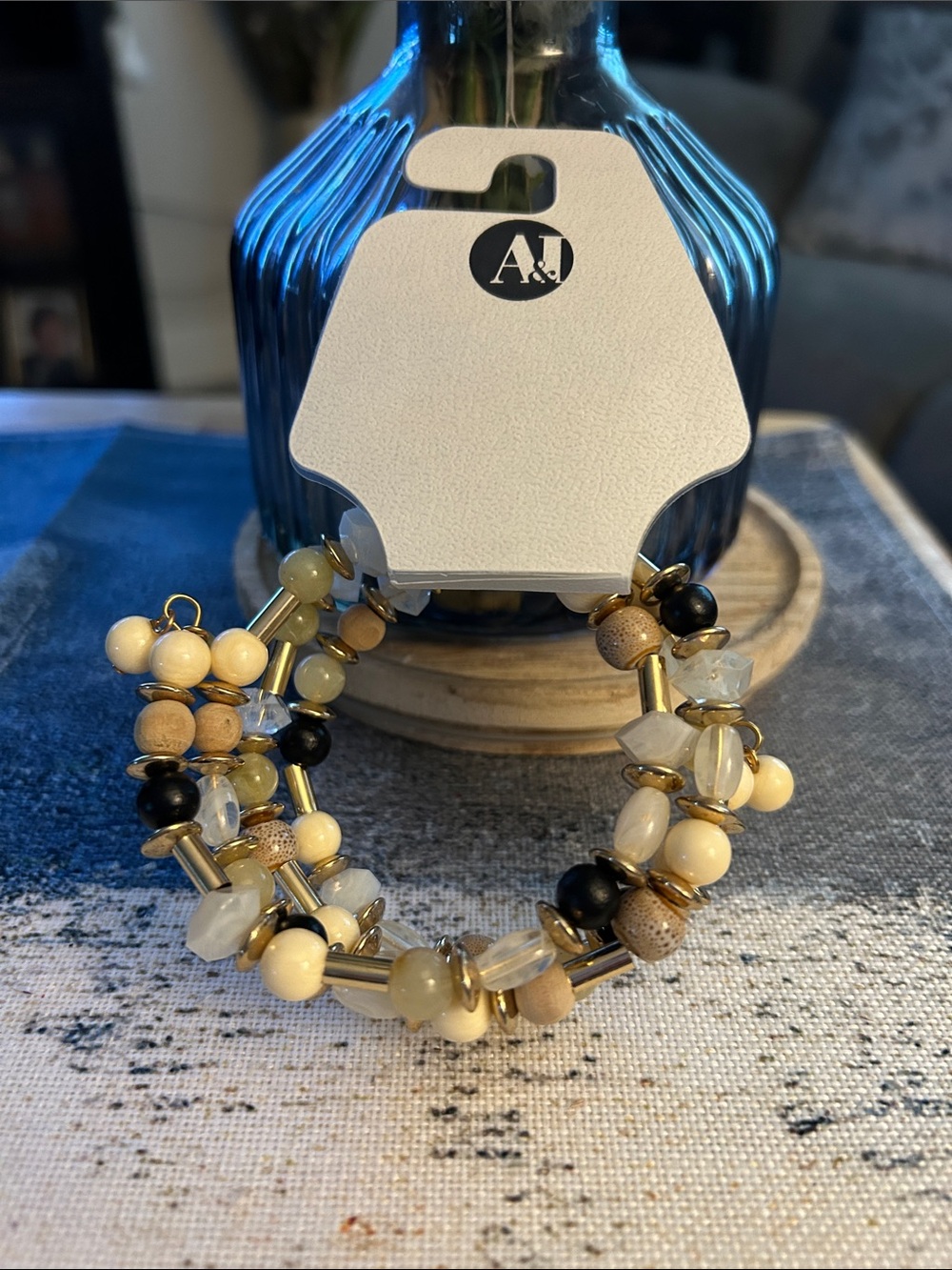 Gold-Tone Multi-Bead Stretch Bracelet - Cream, Black & Natural